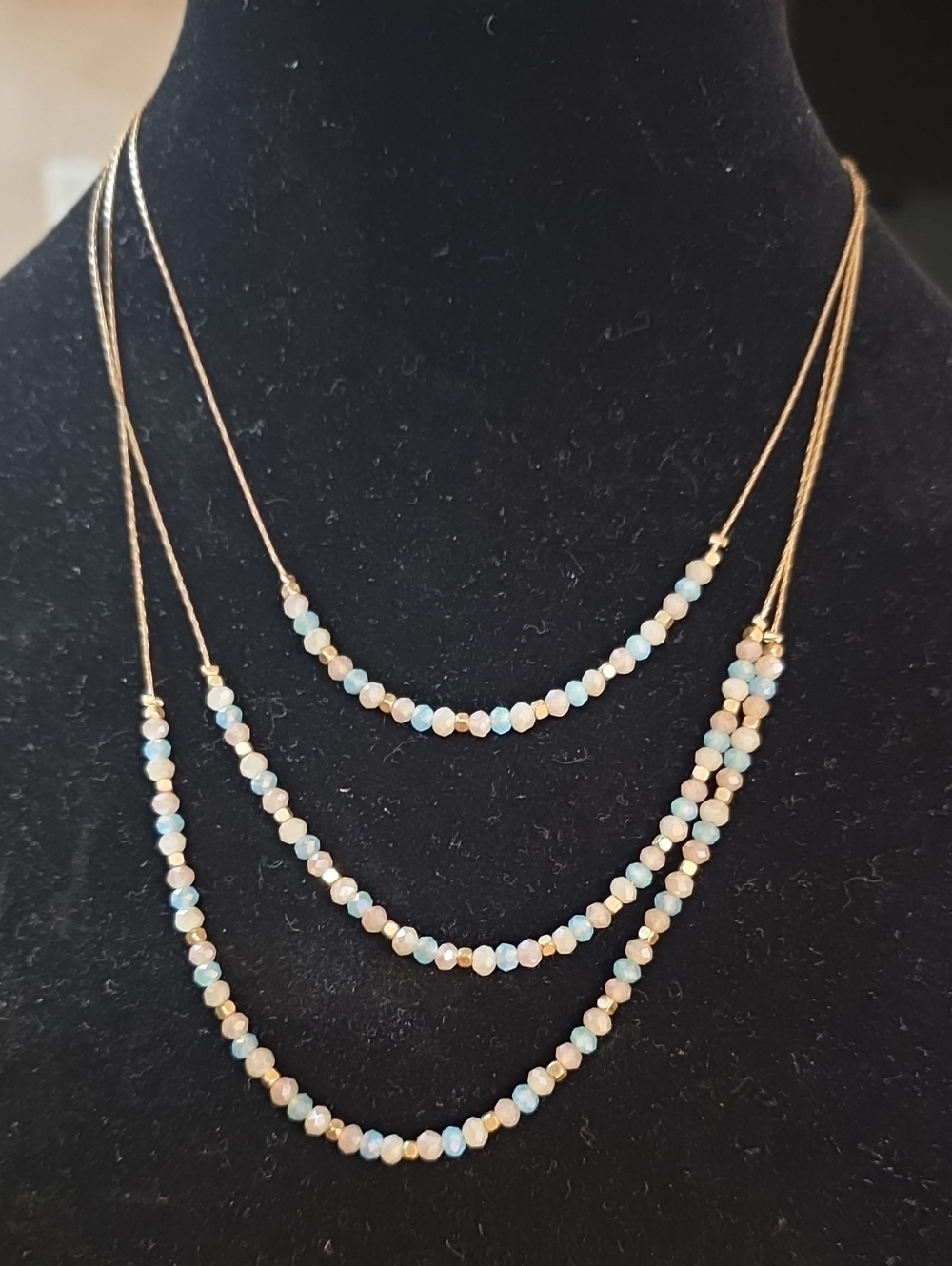 Source Unknown Gold Multi-Strand Necklace with Blue and Champagne Beads